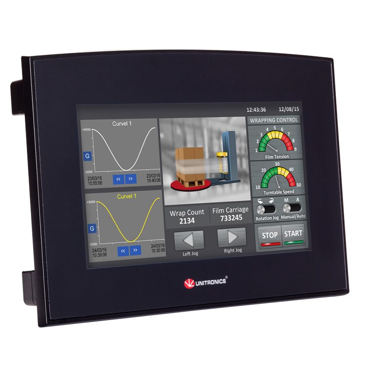 SM70-J-RA22 PLC+HMI Samba con pantalla táctil de 7″, 12 entradas digitales, incluyendo 1 entrada HSC/codificador de eje, 2 entradas analógicas, 2 entradas PT100/TC, 8 salidas de relé, 2 salidas analógicas